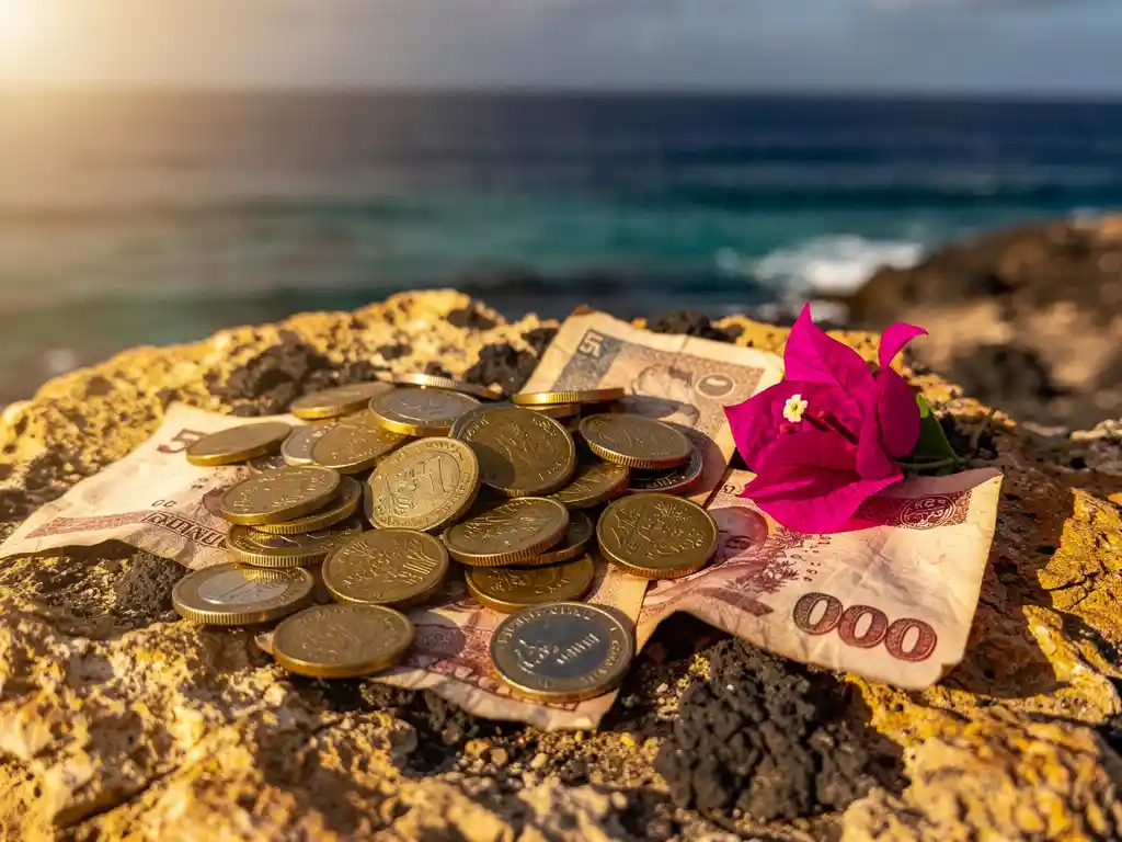Kaapverdische escudo munten en versleten bankbiljetten op vulkanisch rots, met bougainvillea en de Atlantische Oceaan op de achtergrond.