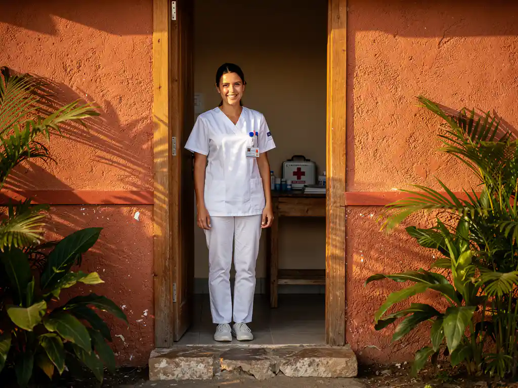 Verpleegkundige in witte scrubs bij de ingang van een Kaapverdische kliniek, omgeven door terracotta muren en tropisch groen.