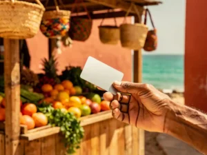 Verweerde hand met creditcard bij rustieke Kaapverdische marktkraam, kleurrijke lokale producten en gevlochten ambachten op achtergrond.