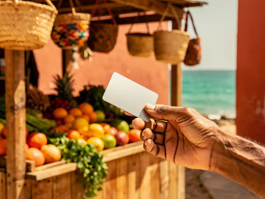 Verweerde hand met creditcard bij rustieke Kaapverdische marktkraam, kleurrijke lokale producten en gevlochten ambachten op achtergrond.