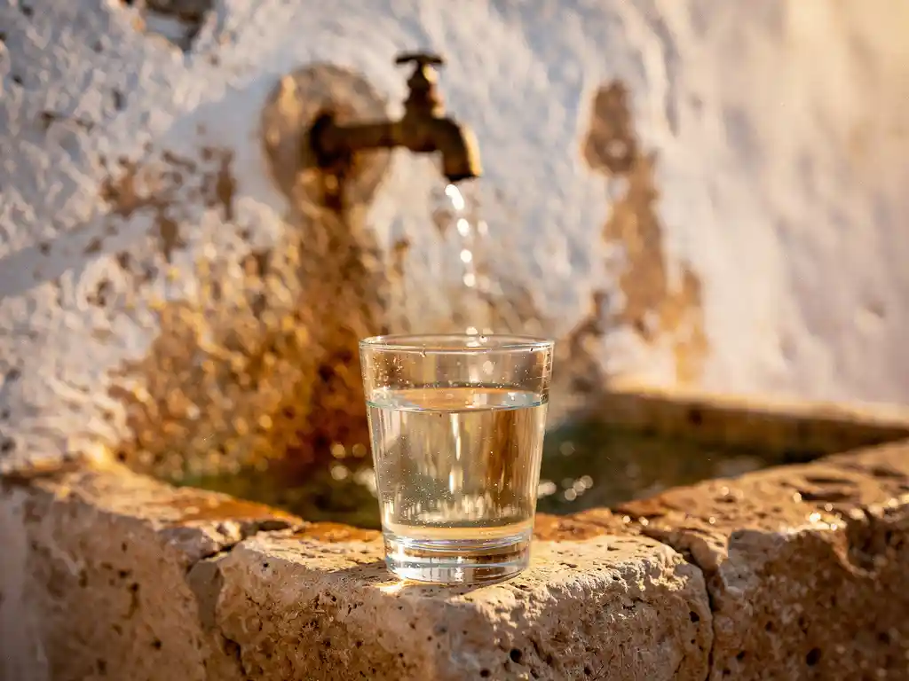 Verweerde stenen fontein in Kaapverdisch dorp met stromend water, halfvol glas op de voorgrond in warm middaglicht.