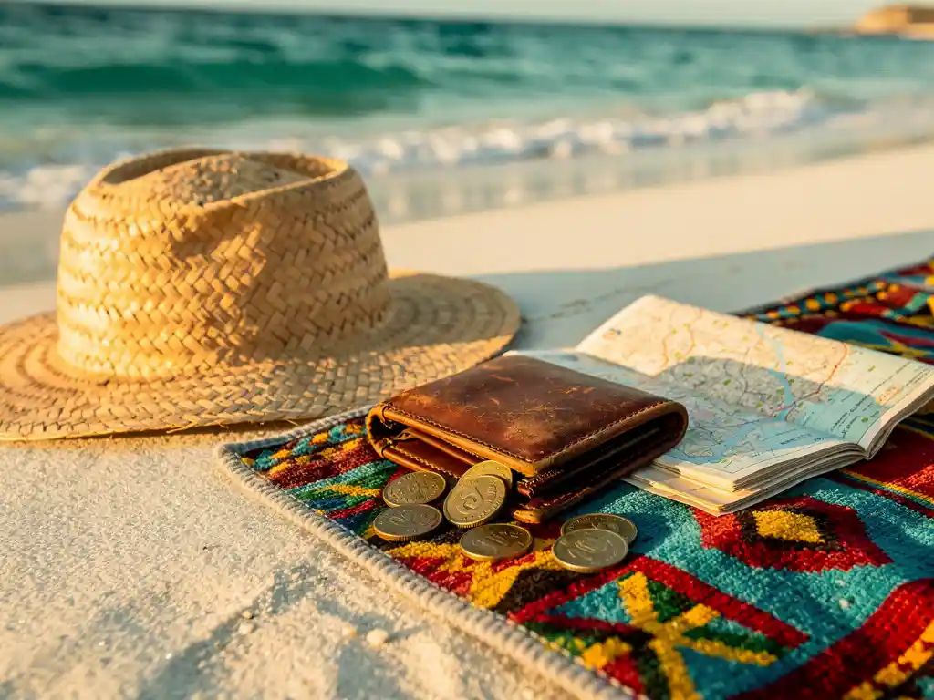 Versleten leren reisportemonnee met lokale munten en gevouwen kaart op kleurrijke geweven strandhanddoek, turquoise Kaapverdisch strandwater op de achtergrond.