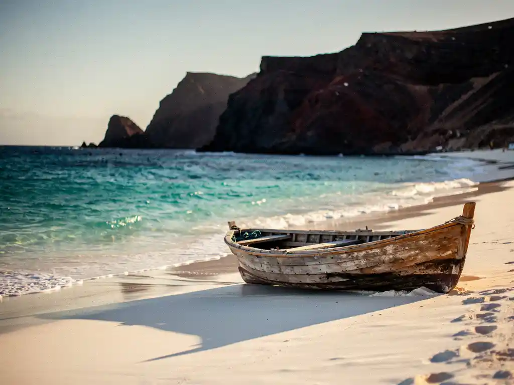 Wit zandstrand op Kaapverdië met turquoise water, vulkanische kliffen op de achtergrond en een houten visserboot op het zand.