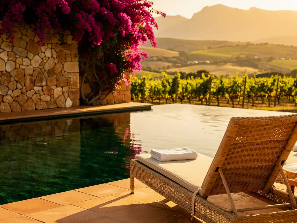 Rieten stoel naast infinity pool op hotelterras met uitzicht op wijngaarden in de Zuid-Afrikaanse Kaap, omlijst door bougainvillea op stenen muur.