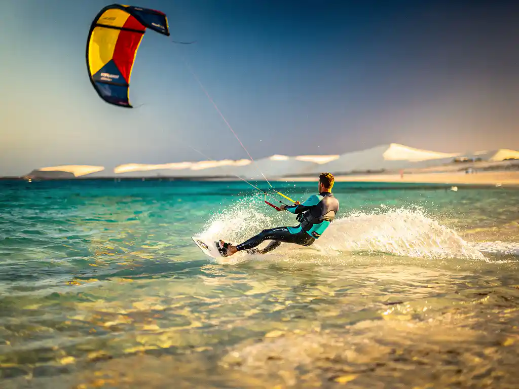 Kitesurfer scheert over turquoise ondiepten bij Kaapverdië, kleurrijke vlieger tegen kobaltblauwe lucht, witte zandduinen op achtergrond.
