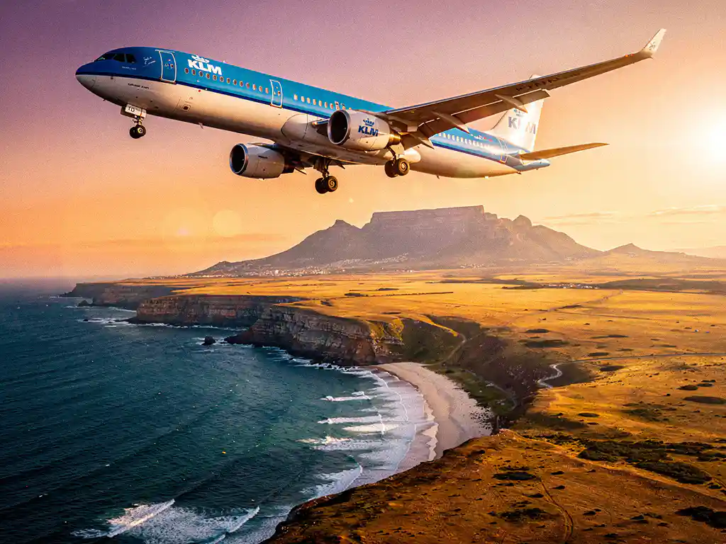 KLM-vliegtuig boven de Zuid-Afrikaanse kustlijn met Tafelberg aan de horizon tijdens een gouden zonsondergang.