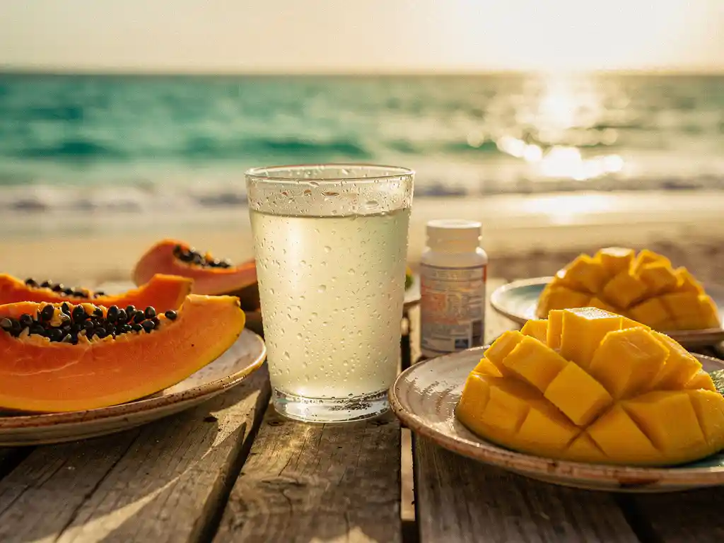 Glas kokoswater met condensdruppels op verouderde houten strandtafel, omringd door papaja, mangoplakken en waterzuiveringstabletten, met turquoise Kaapverdische oceaan op de achtergrond.