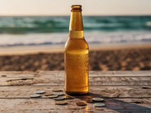 Koude bierfles met condensdruppels op een verweerde houten strandbar, turquoise Atlantische oceaan op de achtergrond bij gouden uur.