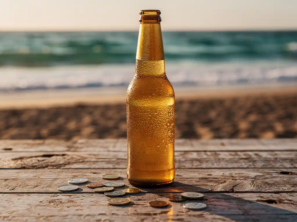 Koude bierfles met condensdruppels op een verweerde houten strandbar, turquoise Atlantische oceaan op de achtergrond bij gouden uur.