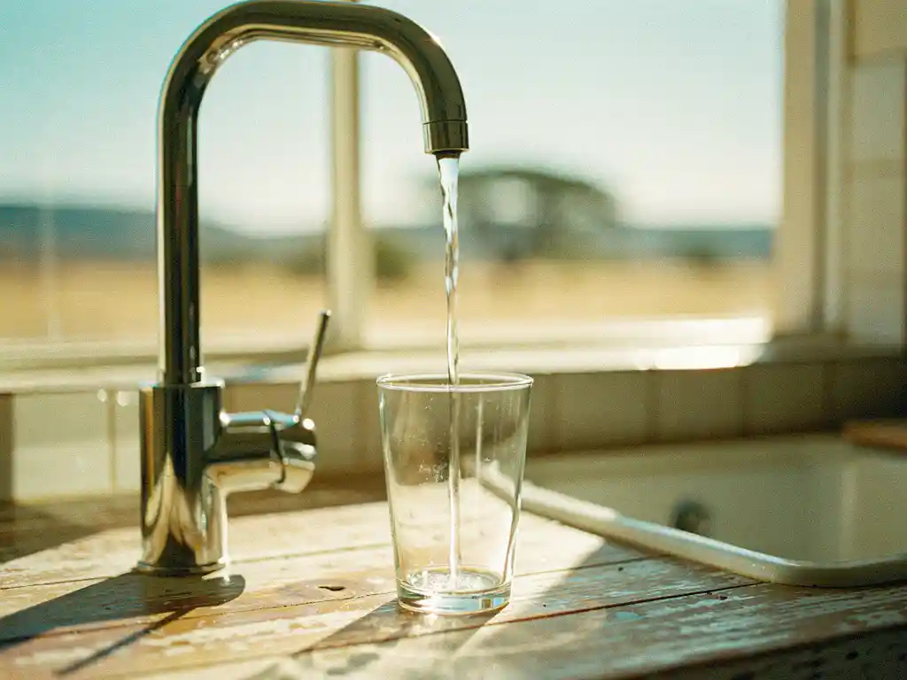 Chromen keukenkraan vult een glas met helder water op een verweerd houten oppervlak, met een Zuid-Afrikaans landschap op de achtergrond.