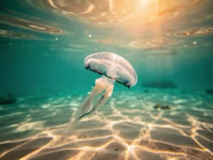 Doorschijnende maankwal drijft onder het turkooizen oppervlak van de Atlantische Oceaan bij Kaapverdië, met gouden zonlicht dat golfpatronen op de zeebodem werpt.