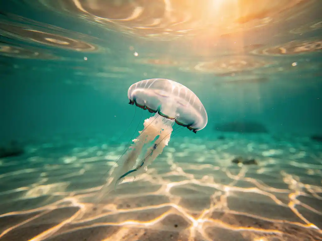 Doorschijnende maankwal drijft onder het turkooizen oppervlak van de Atlantische Oceaan bij Kaapverdië, met gouden zonlicht dat golfpatronen op de zeebodem werpt.