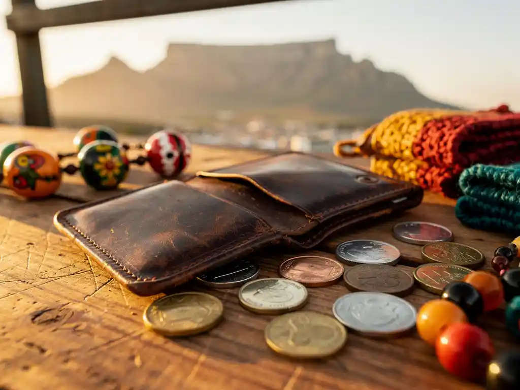Versleten leren portemonnee open op een houten marktkraam in Kaapstad, omringd door Zuidafrikaanse rand munten en kleurrijke ambachten, Tafelberg op achtergrond.