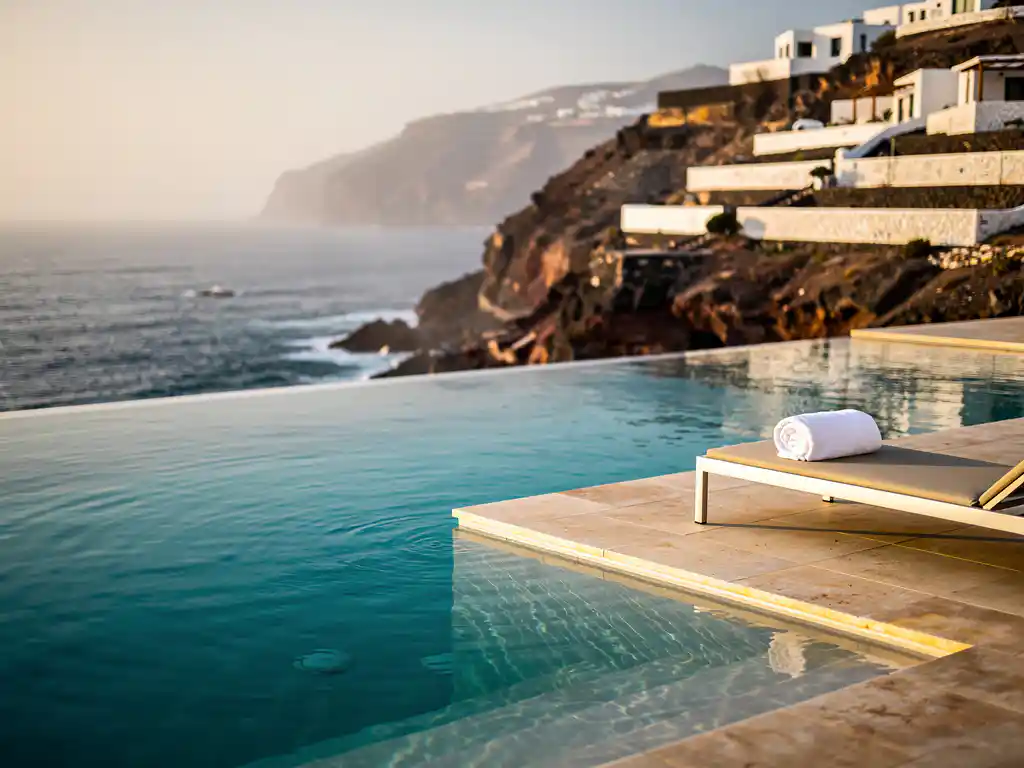 Infinity pool met uitzicht op de turquoise Atlantische Oceaan bij een luxe resort op Kaapverdië, met witte kliffen en een zonnebed in gouden middaglicht.