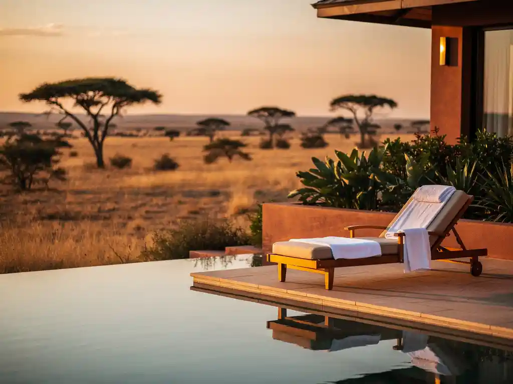 Luxe safari lodge infinity pool met uitzicht op de Zuid-Afrikaanse savanne bij gouden uur, acacia's tegen een amber lucht.