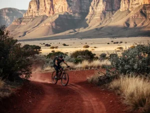 Mountainbiker op rood stofpad langs de Drakensbergkliffen in Zuid-Afrika, omgeven door fynbos en gouden savanne in middaglicht.