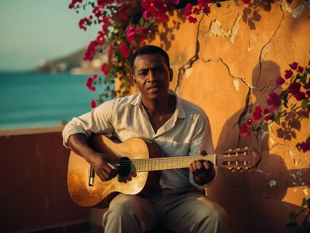 Kaapverdische muzikant speelt cavaquinho op zonnig terras met turquoise Atlantische Oceaan op achtergrond, omgeven door bougainvillea.