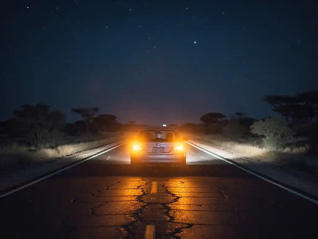 Eenzame auto op een verlaten Zuid-Afrikaanse snelweg 's nachts, amber koplampen verlichten gebarsten asfalt onder een sterrenhemel.