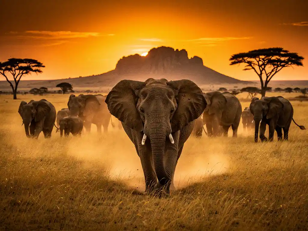 Afrikaanse olifant leidt kudde over gouden savanne bij zonsondergang, met acaciabomen silhouet tegen oranje lucht.
