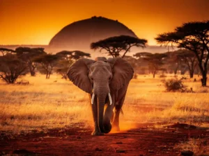 Afrikaanse olifant trekt over gouden savanne bij zonsondergang, met silhouetten van acaciabomen tegen een vurige oranje lucht.