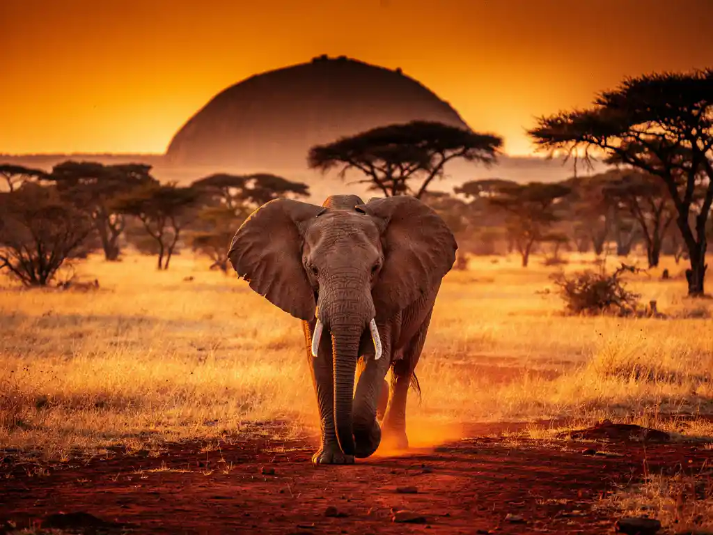 Afrikaanse olifant trekt over gouden savanne bij zonsondergang, met silhouetten van acaciabomen tegen een vurige oranje lucht.