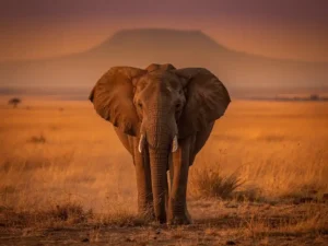Afrikaanse olifant in de gouden savanne bij zonsondergang, met een bergsilhouet en warme tinten oranje en okergeel.