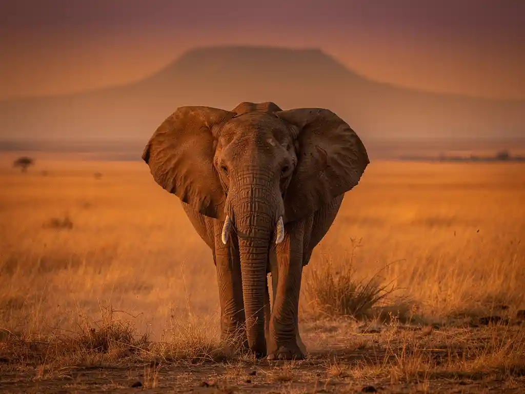 Afrikaanse olifant in de gouden savanne bij zonsondergang, met een bergsilhouet en warme tinten oranje en okergeel.