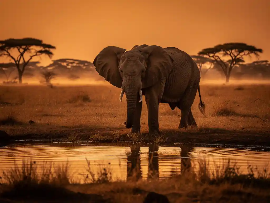 Afrikaanse olifant bij een gouden drinkpoel in de savanne bij schemering, met acaciabomen tegen een amberkleurige lucht.