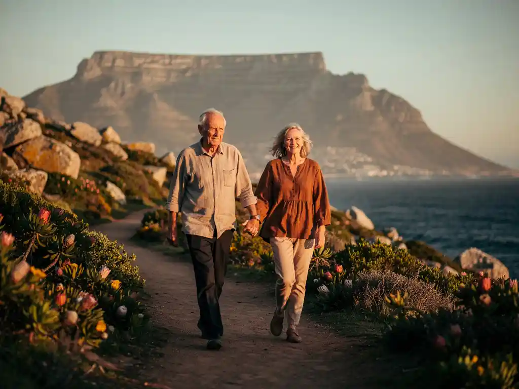 Ouder echtpaar wandelt hand in hand op een kustpad bij Kaapstad, met de Tafelberg en gouden avondlicht op de achtergrond.
