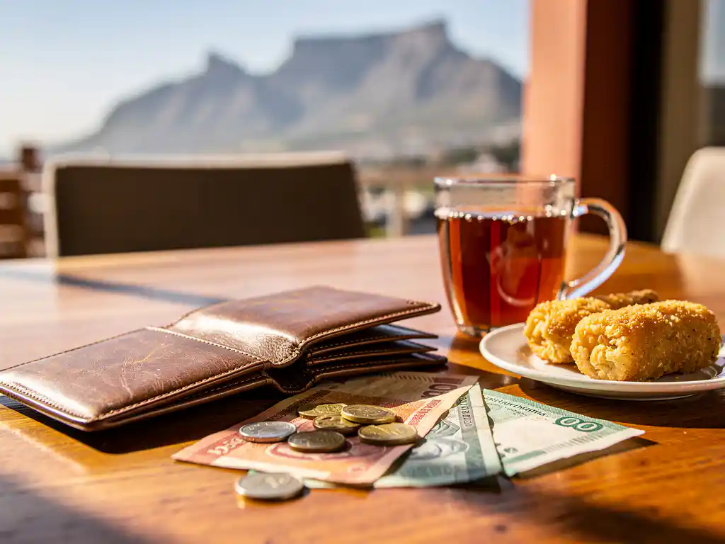 Opengevouwen leren portemonnee op houten cafétafel in Kaapstad met Zuidafrikaanse rand, rooibosthee en Tafelberg op de achtergrond.