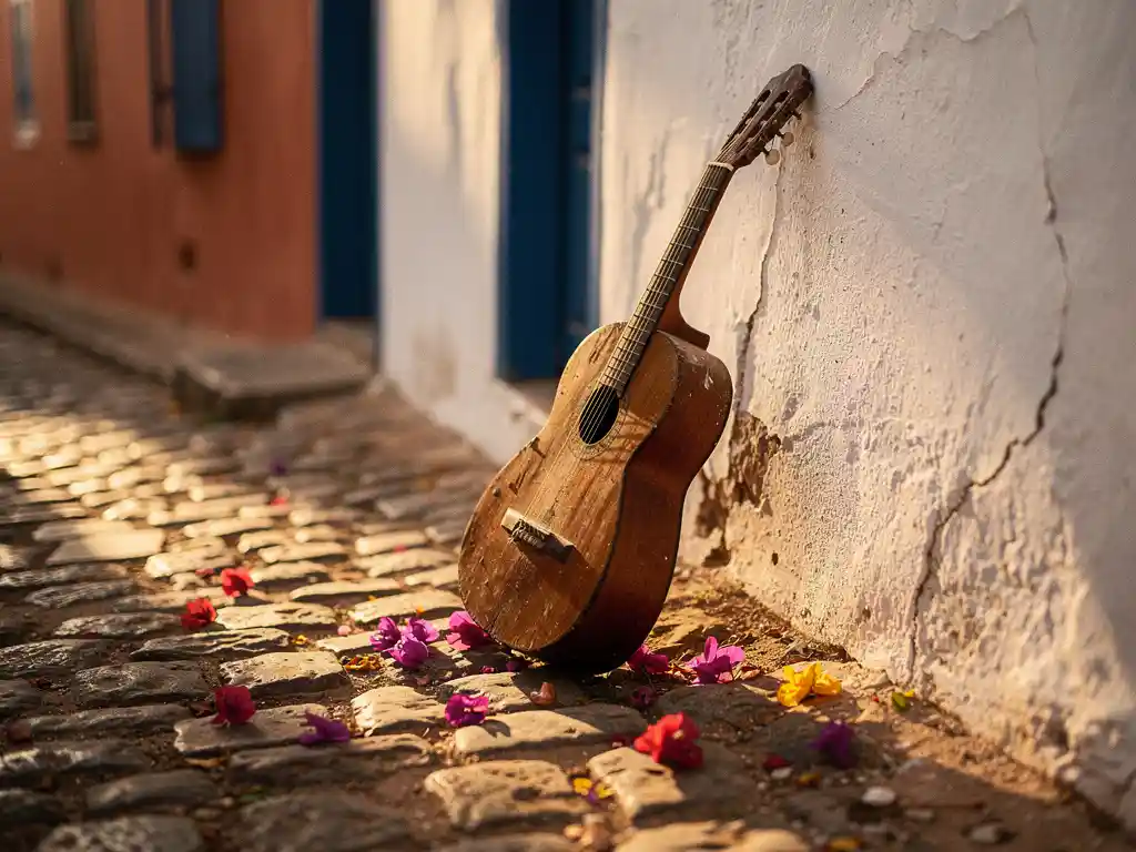 Portugese gitaar tegen verweerde witgekalkte muur in smal Kaapverdisch steegje, gouden middaglicht en bougainvilleablaadjes op keien.