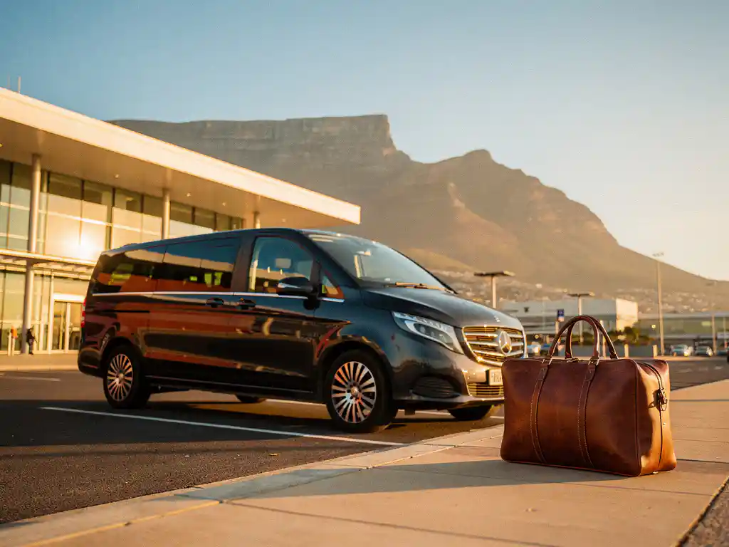 Privétransferbus voor Kaapstad International Airport met Tafelberg op de achtergrond tijdens gouden uur.