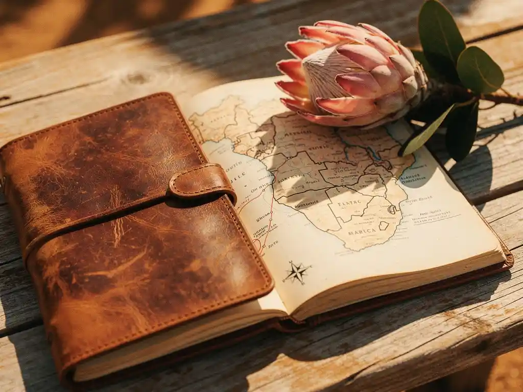 Verweerd leren reisdagboek opengeslagen met handgetekende wegenkaart van Zuid-Afrika, protea ernaast, gouden savannelight.