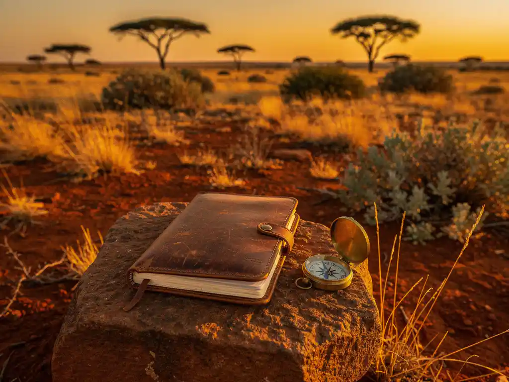 Versleten reisdagboek en kompas op een zonnige rots met uitzicht op de Zuid-Afrikaanse savanne bij gouden uur.