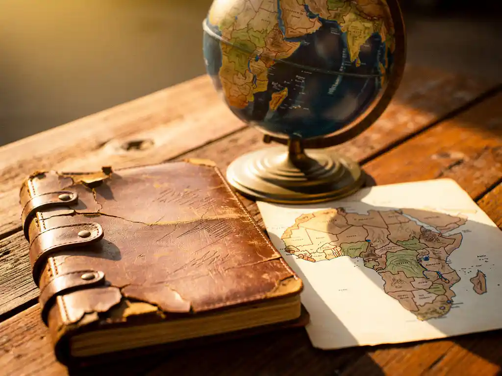 Verweerd leren reisdagboek open op een zonnig houten tafel, naast een handgetekende kaart van zuidelijk Afrika en een kleine wereldbol.