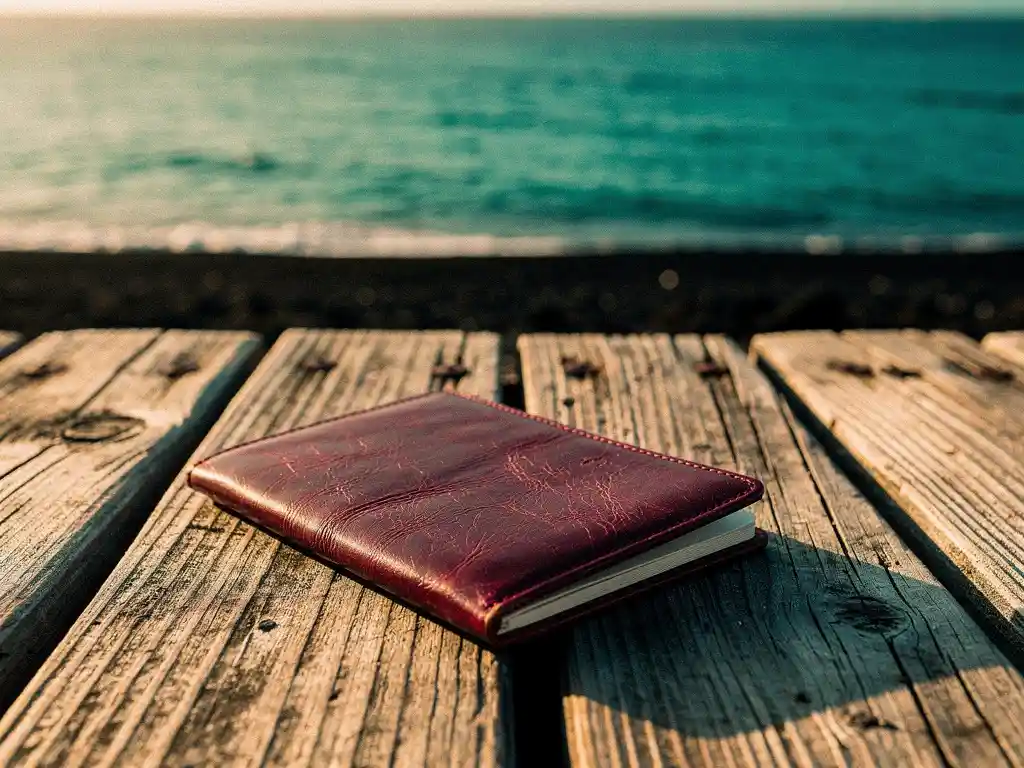 Versleten bordeauxrood paspoort op verweerde houten steiger met turquoise Atlantische Oceaan en zwart vulkanisch zand op de achtergrond.