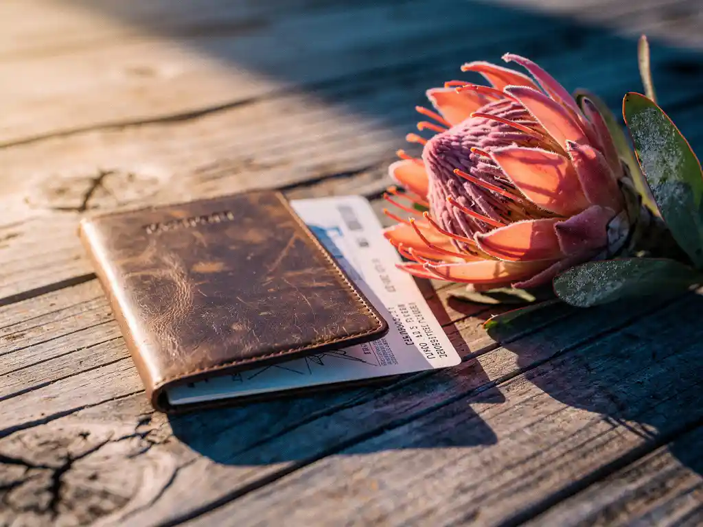 Versleten leren paspoort en vliegticket op verweerd hout, met een kleurrijke protea in warm savannelight.