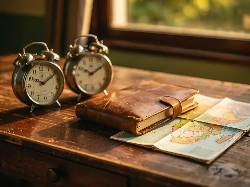 Twee analoge klokken op een verweerd houten bureau met een leren reisdagboek en gevouwen kaart van Zuid-Afrika in warm middaglicht.