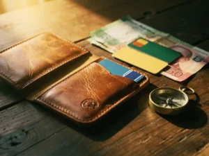 Versleten leren reisportemonnee met Zuidafrikaanse rand, creditcards en kompas op rustiek houten oppervlak in gouden middaglicht.