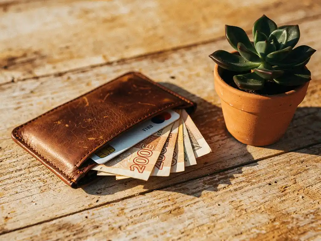Versleten leren reisportemonnee met Zuidafrikaanse rand biljetten en bankpas op verweerd houten oppervlak, met klein succulent.