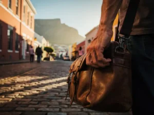 Toeristenhanden die een crossbody reistas stevig vasthouden op een keienstraat in Kaapstad, met de Tafelberg op de achtergrond.