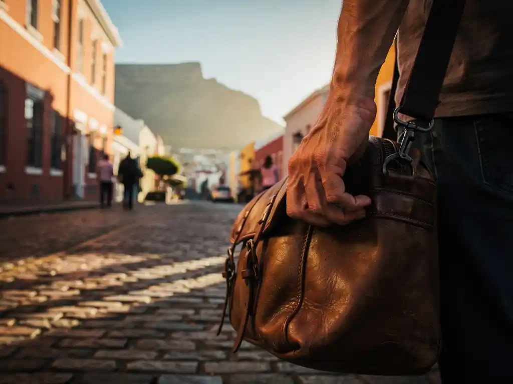 Toeristenhanden die een crossbody reistas stevig vasthouden op een keienstraat in Kaapstad, met de Tafelberg op de achtergrond.