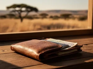 Versleten leren reisportemonnee met paspoort en reisverzekeringsdocumenten op houten ondergrond, Afrikaans savannelandschap op achtergrond.