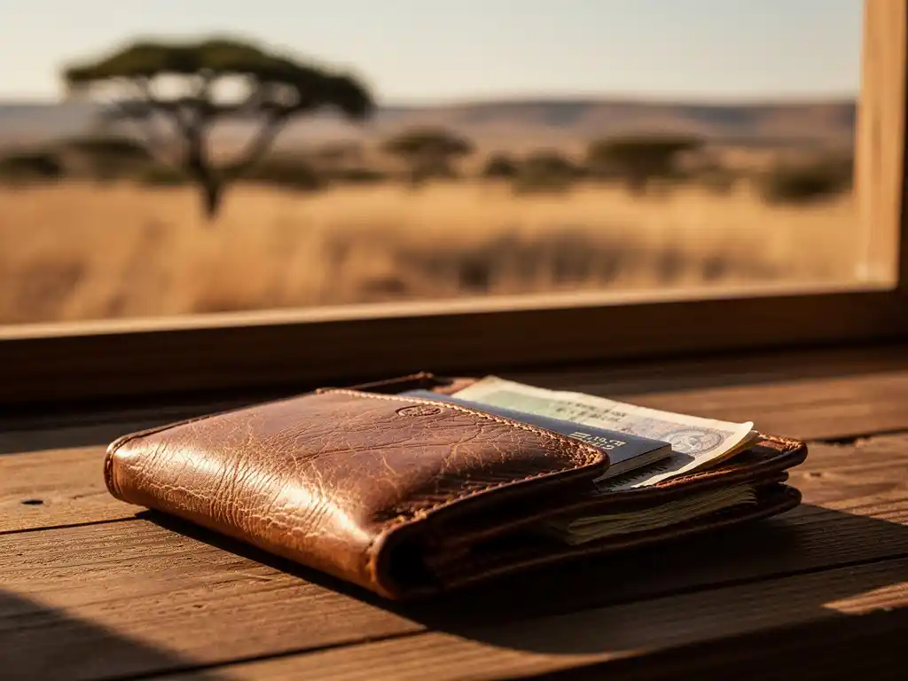 Versleten leren reisportemonnee met paspoort en reisverzekeringsdocumenten op houten ondergrond, Afrikaans savannelandschap op achtergrond.