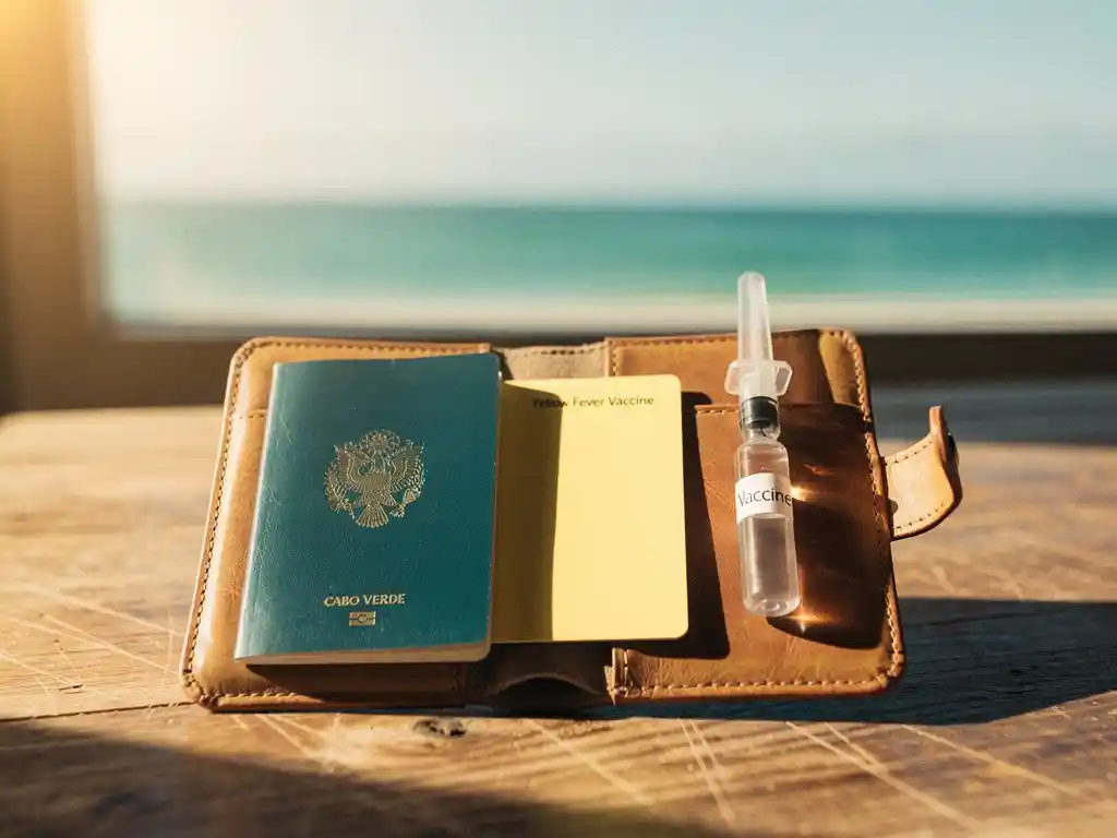 Opengevouwen leren reisportemonnee met Kaapverdisch paspoort, gele koorts vaccinatiebewijs en injectieflesje op zonnig houten oppervlak.