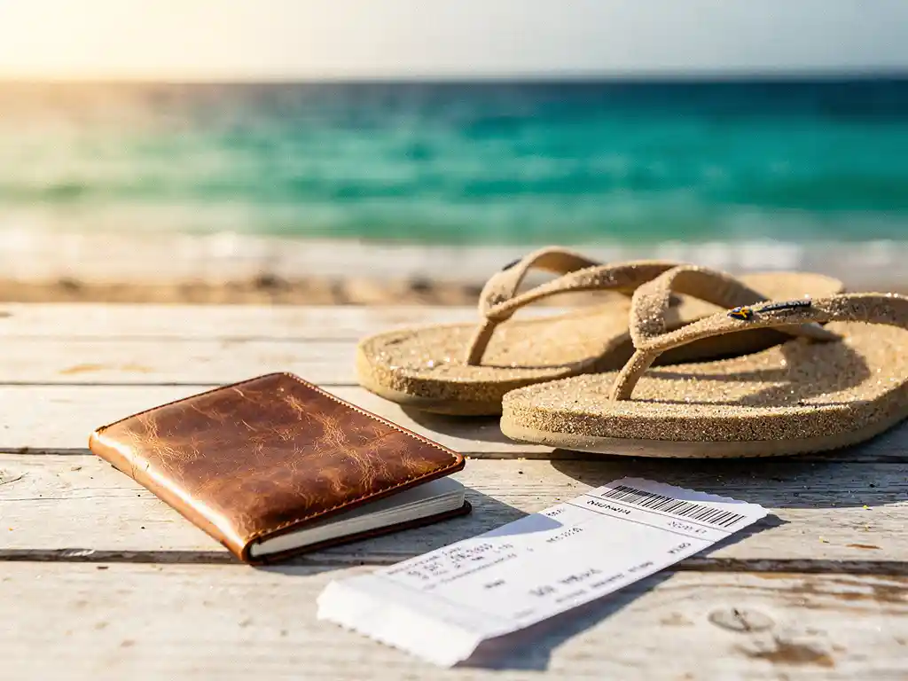 Versleten leren paspoort, instapkaart en sandalen op een verbleekt houten strandtafel met turquoise Kaapverdische oceaan op de achtergrond.