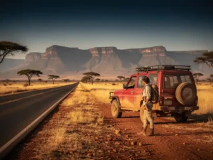 Reiziger naast rode 4x4 op gouden savanne met tafelbergen, acacia's en eindeloze weg in middaglicht.