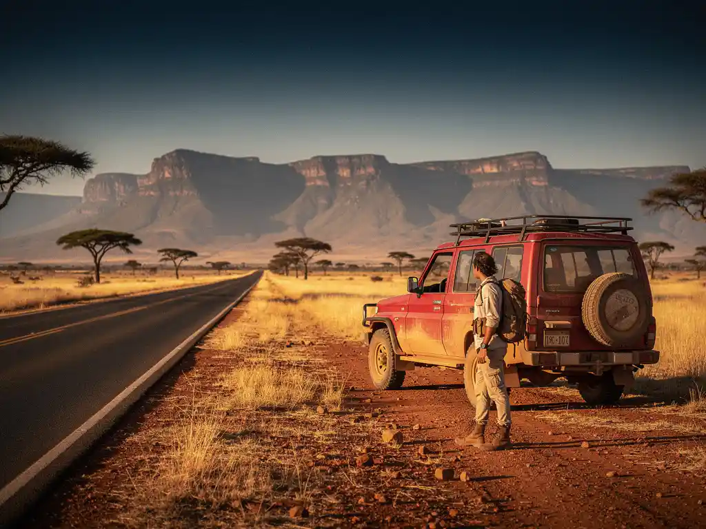 Reiziger naast rode 4x4 op gouden savanne met tafelbergen, acacia's en eindeloze weg in middaglicht.