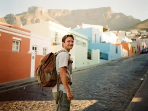 Reiziger met rugzak op een zonnige kasseienstraat in Bo-Kaap, Kaapstad, met pastelkleurige huizen en de Tafelberg op de achtergrond.