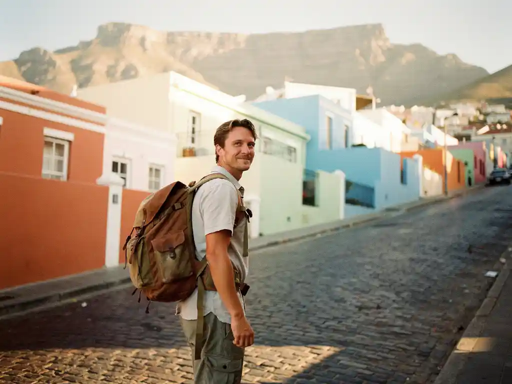 Reiziger met rugzak op een zonnige kasseienstraat in Bo-Kaap, Kaapstad, met pastelkleurige huizen en de Tafelberg op de achtergrond.